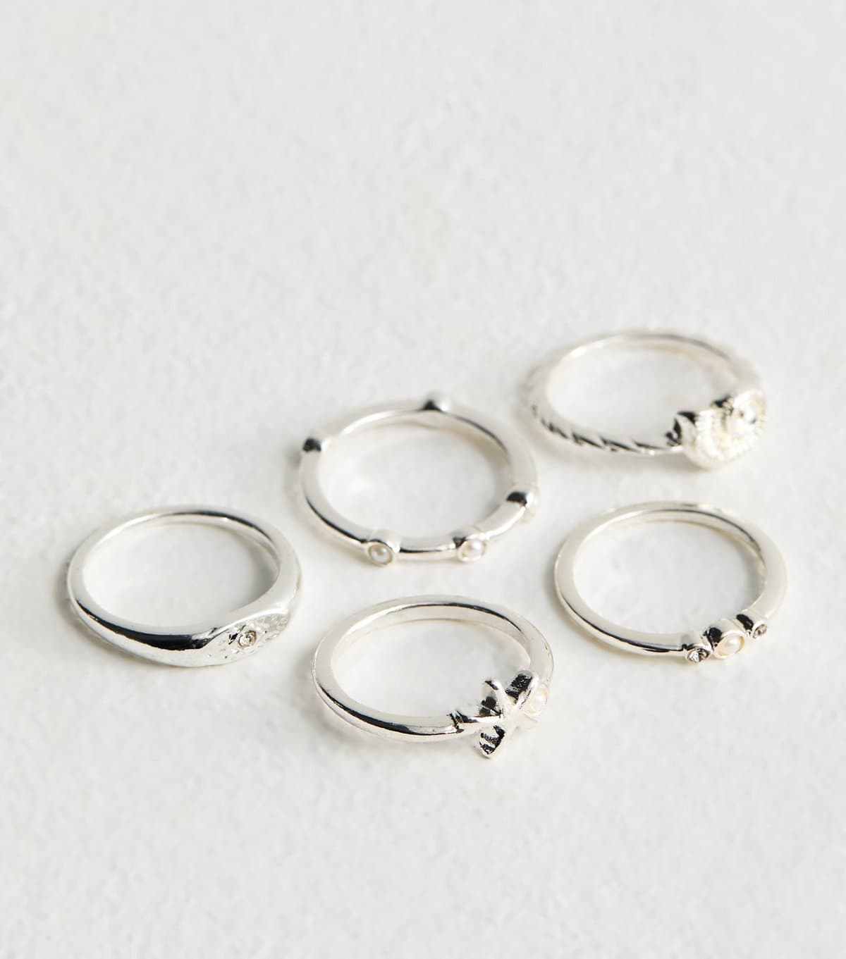 New Look Pack of 5 Silver Tone Faux Pearl and Diamanté Rings New Look