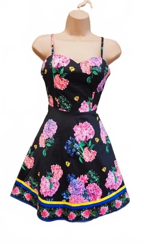 No Label Black pink floral multi colour strappy skater a line mini dress 8 UK S