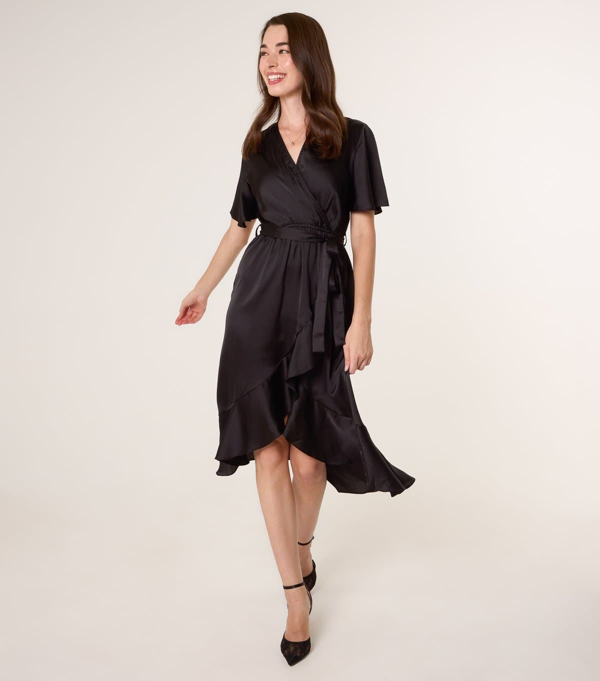 Blue Vanilla Women's Black Satin Frilly Trim Wrap Midi Dress Blue Vanilla New Look