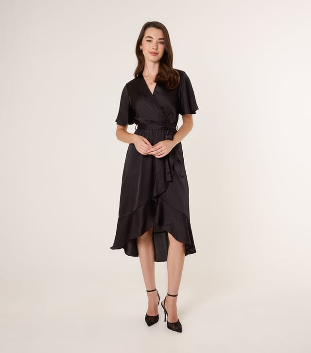 Blue Vanilla Women's Black Satin Frilly Trim Wrap Midi Dress Blue Vanilla New Look - 3