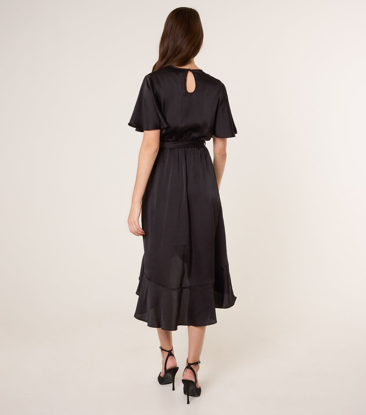 Blue Vanilla Women's Black Satin Frilly Trim Wrap Midi Dress Blue Vanilla New Look - 4