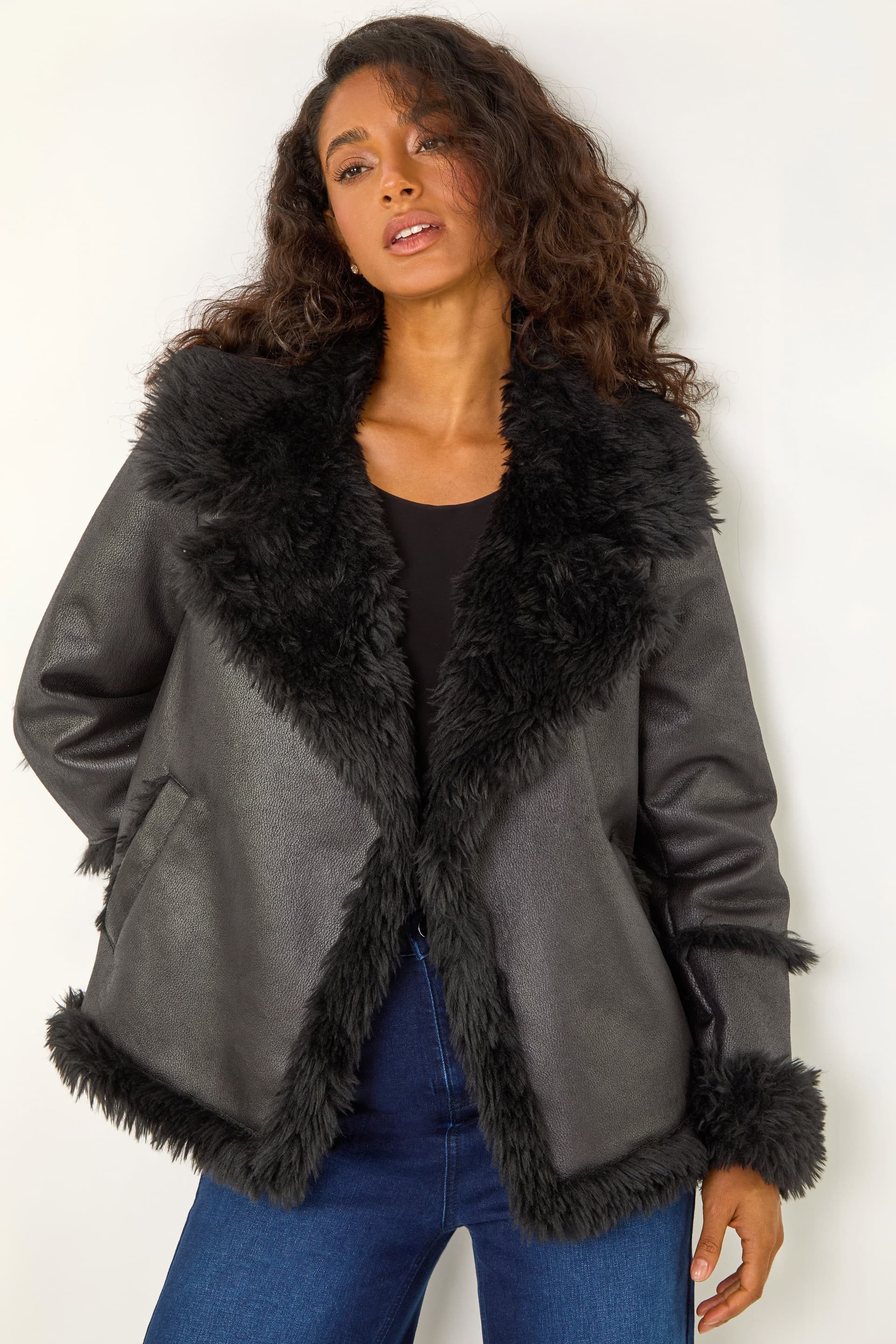 Dusk Dusk Women's Faux Fur Aviator Jacket in Black