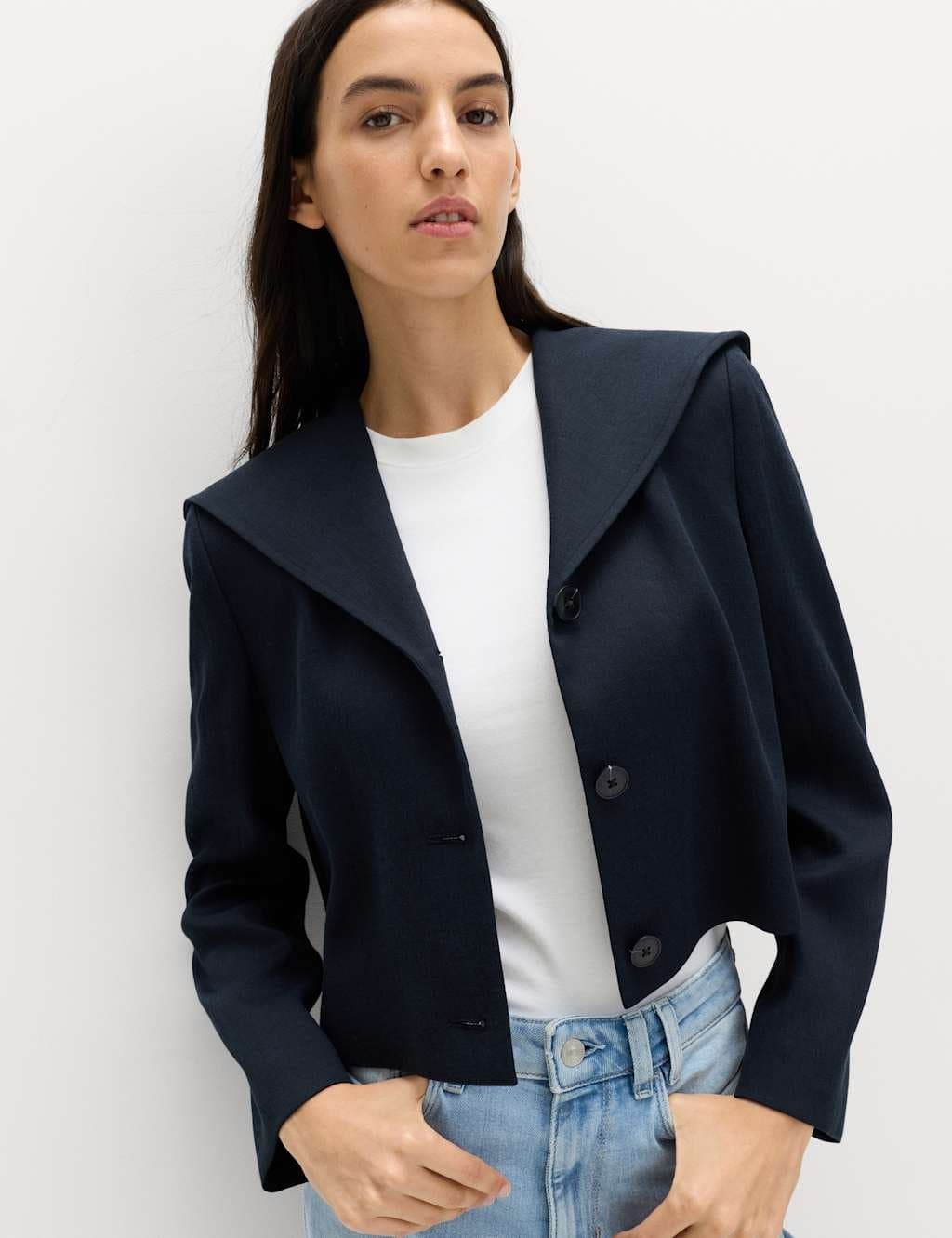 Marks & Spencer M&S Collared Short Sailor Jacket with Linen Navy