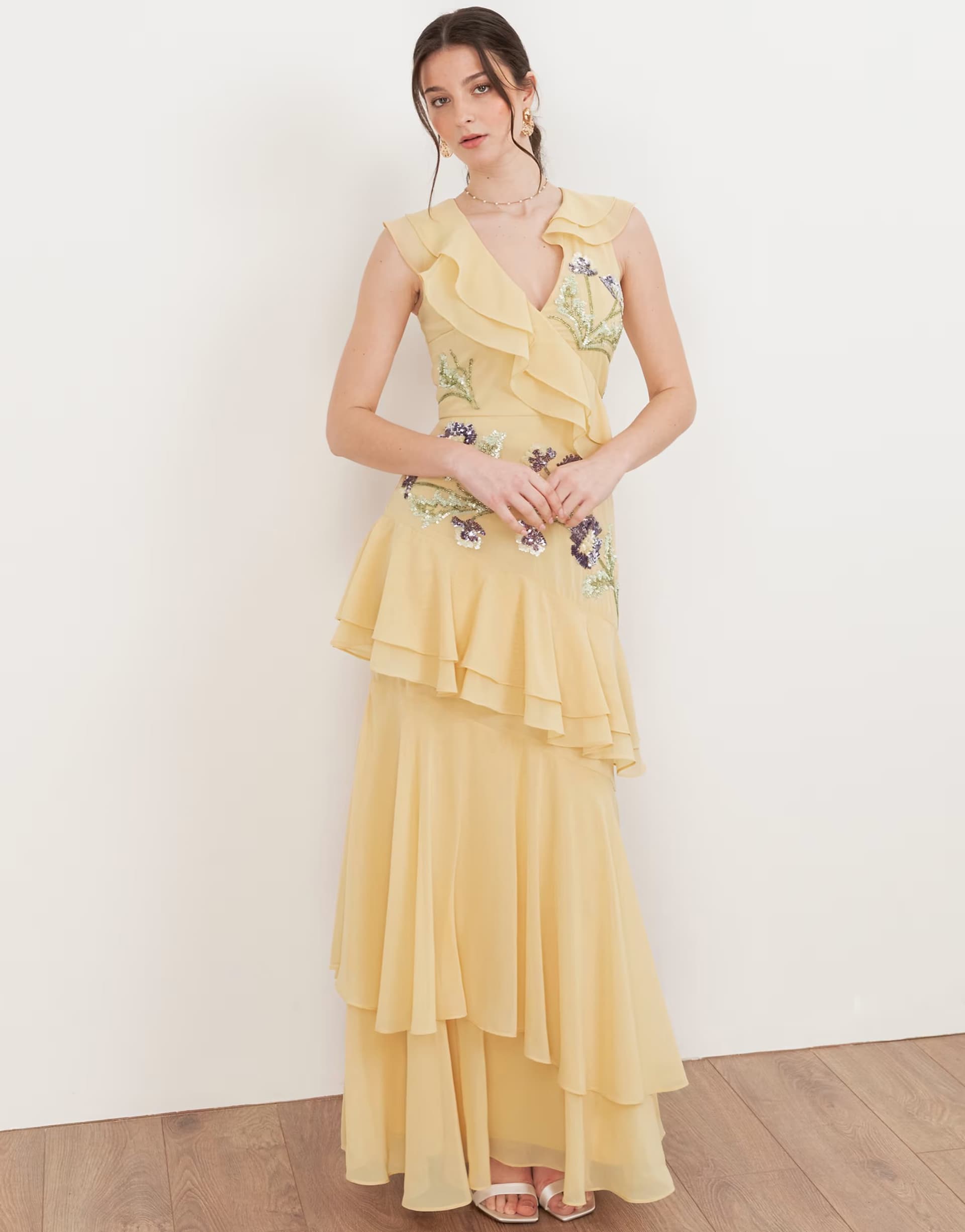 ASOS Maya Embellished asymmetric ruffle maxi dress in buttercream