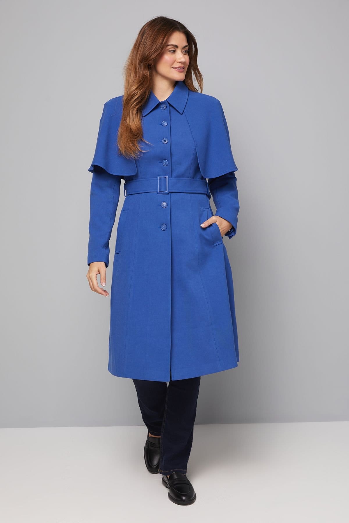 Wallis Cobalt Collarless Cape Coat