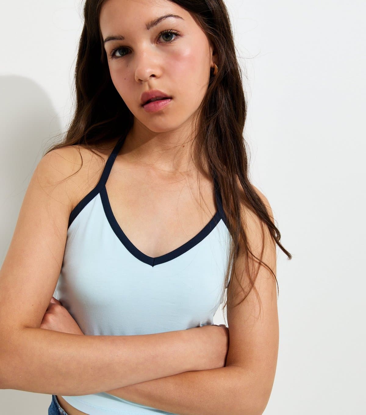 New Look Girls' Blue Cotton Rich Contrast Trim Halter Top New Look