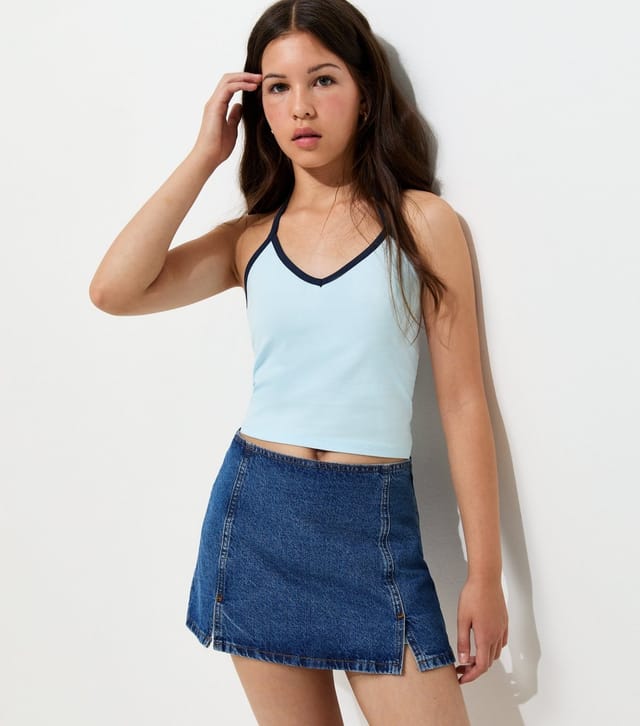 New Look Girls' Blue Cotton Rich Contrast Trim Halter Top New Look - 2
