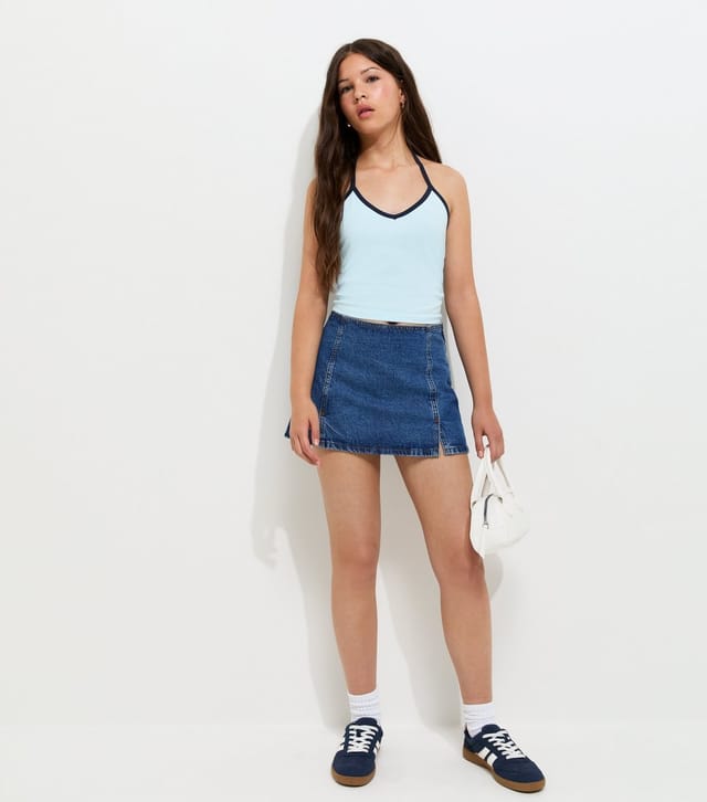 New Look Girls' Blue Cotton Rich Contrast Trim Halter Top New Look - 3