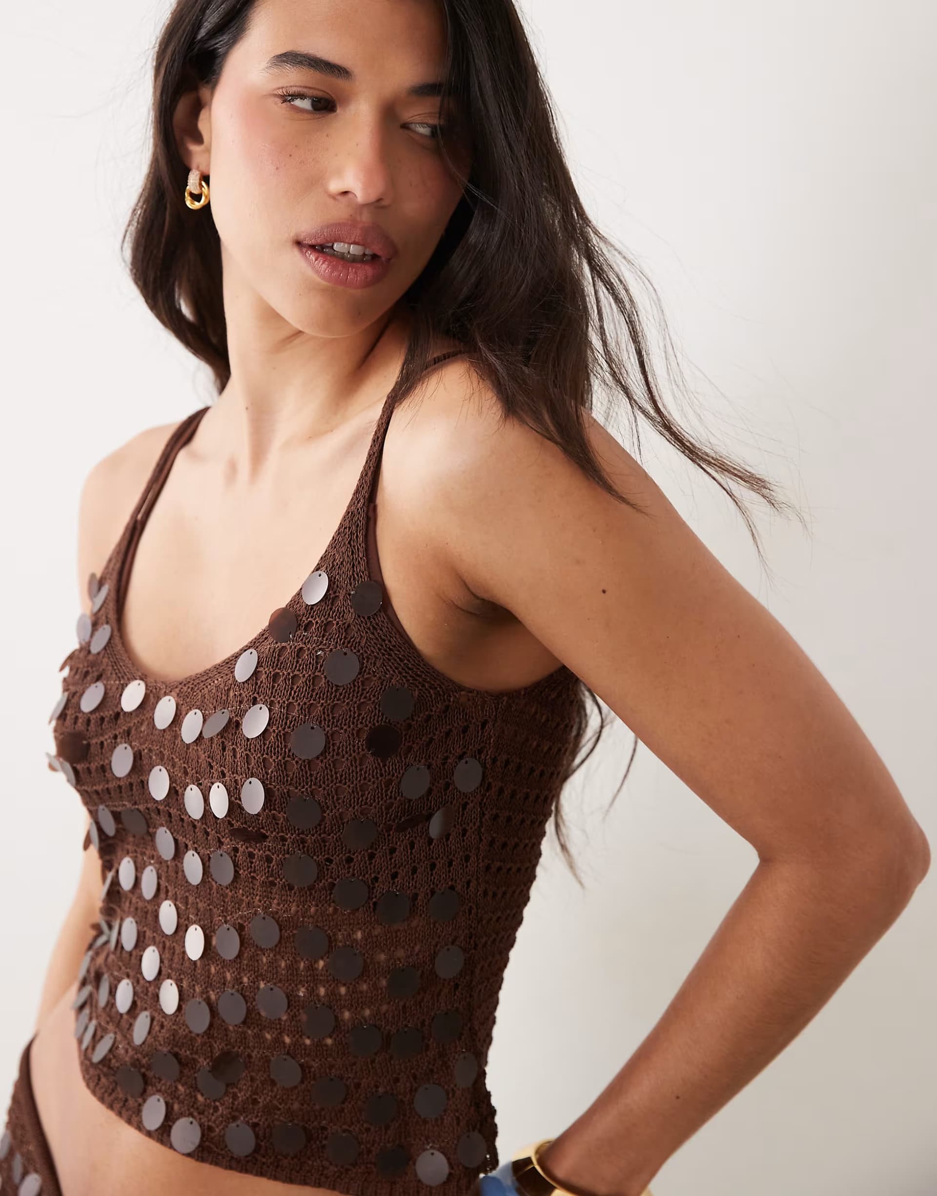 ASOS Missyempire open knit disc sequin cami top co-ord in chocolate