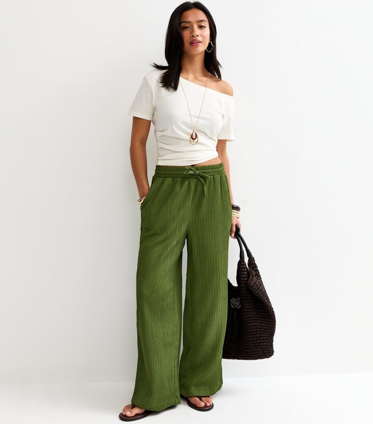 New Look Women's Petite Dark Khaki Textured Jersey Wide Leg Trousers New Look