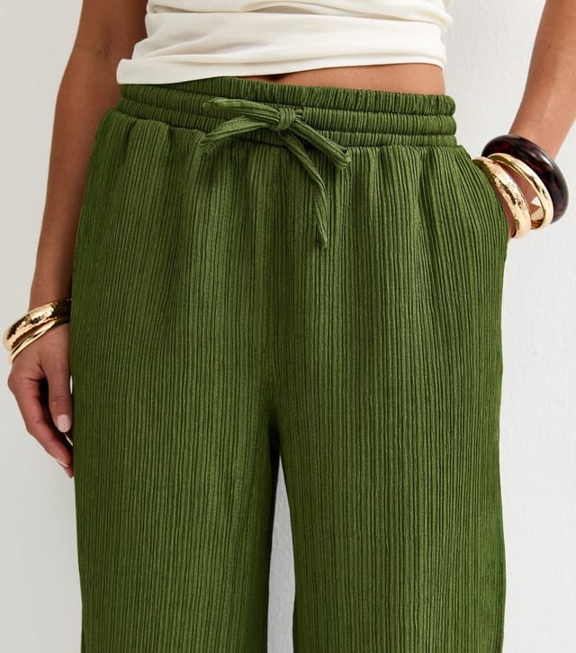 New Look Women's Petite Dark Khaki Textured Jersey Wide Leg Trousers New Look - 2