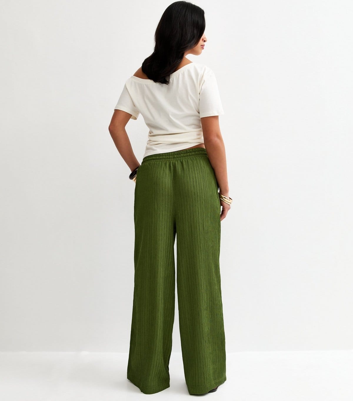 New Look Women's Petite Dark Khaki Textured Jersey Wide Leg Trousers New Look - 4