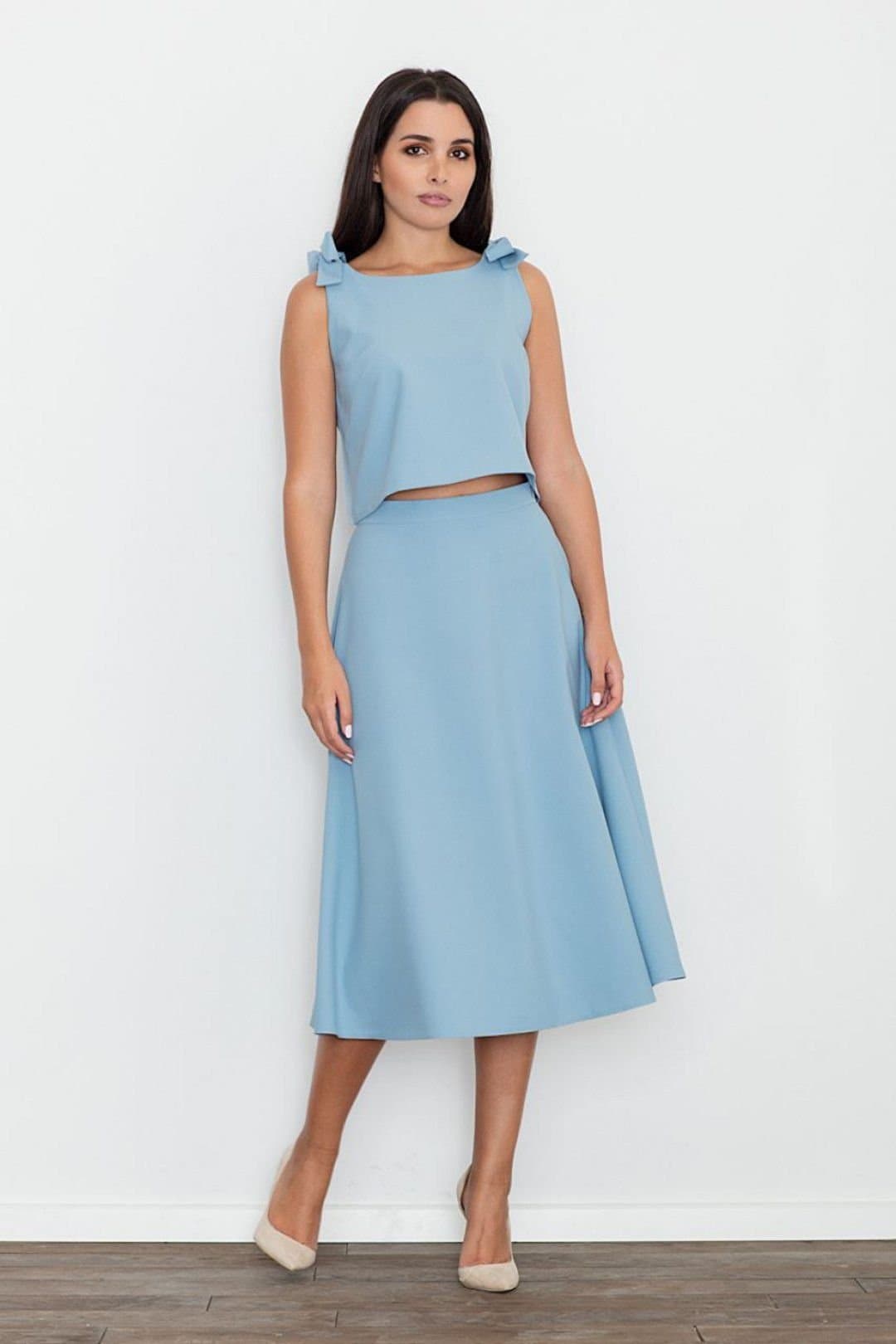 Love Lace Love Lace Women's Flared Midi Skirt Bow Tie Top Set in Blue