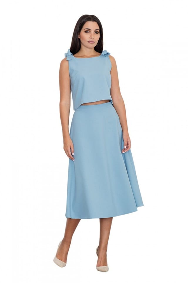 Love Lace Love Lace Women's Flared Midi Skirt Bow Tie Top Set in Blue - 2