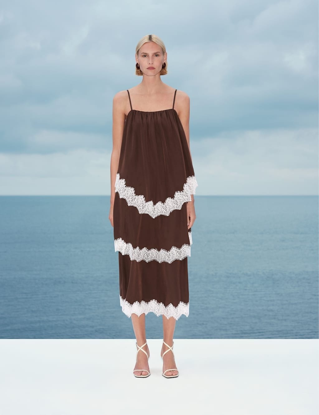 M&S Brown Mix Lace Trim Strappy Midi Tiered Dress