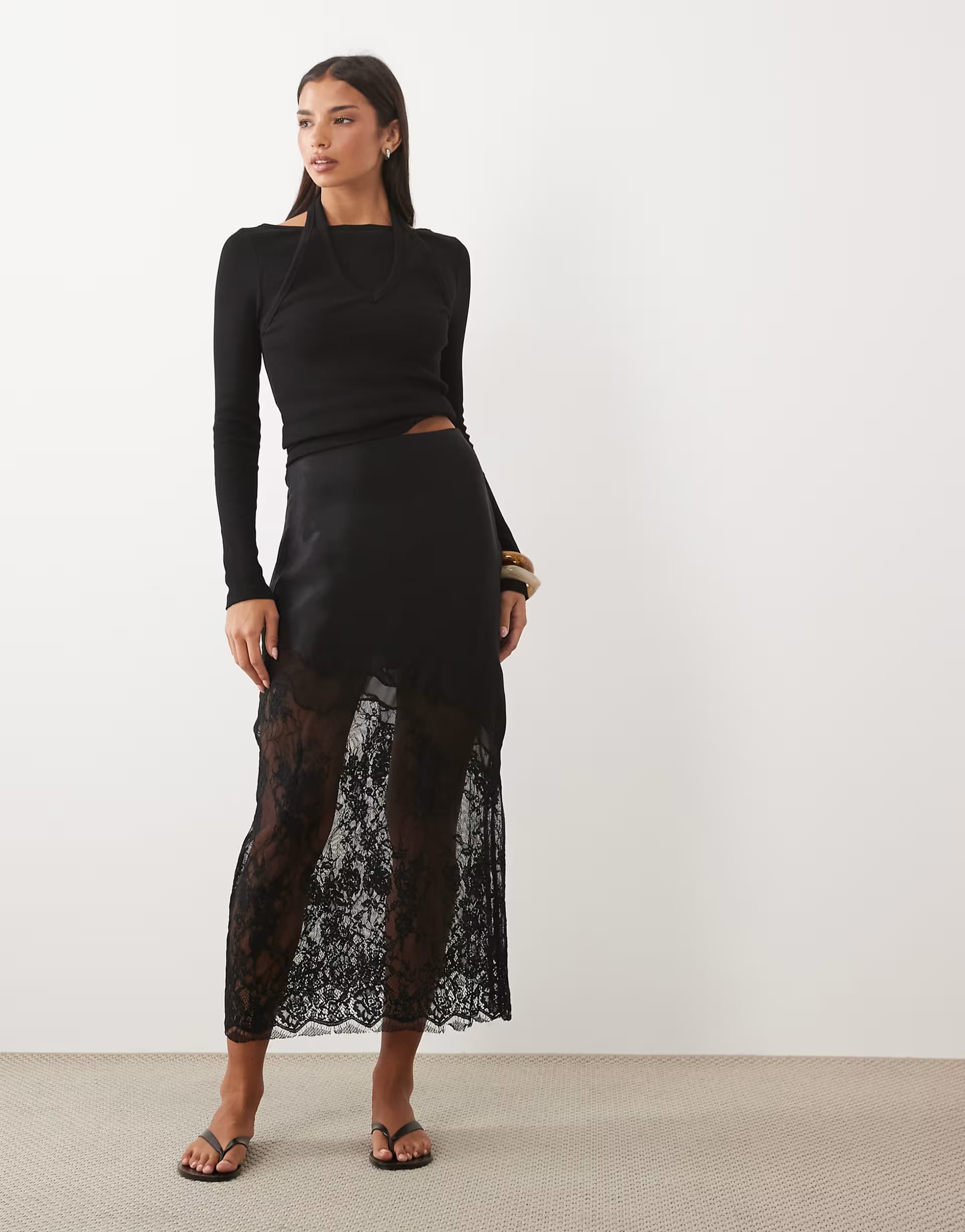 ASOS ASOS DESIGN satin lace hem maxi skirt in black