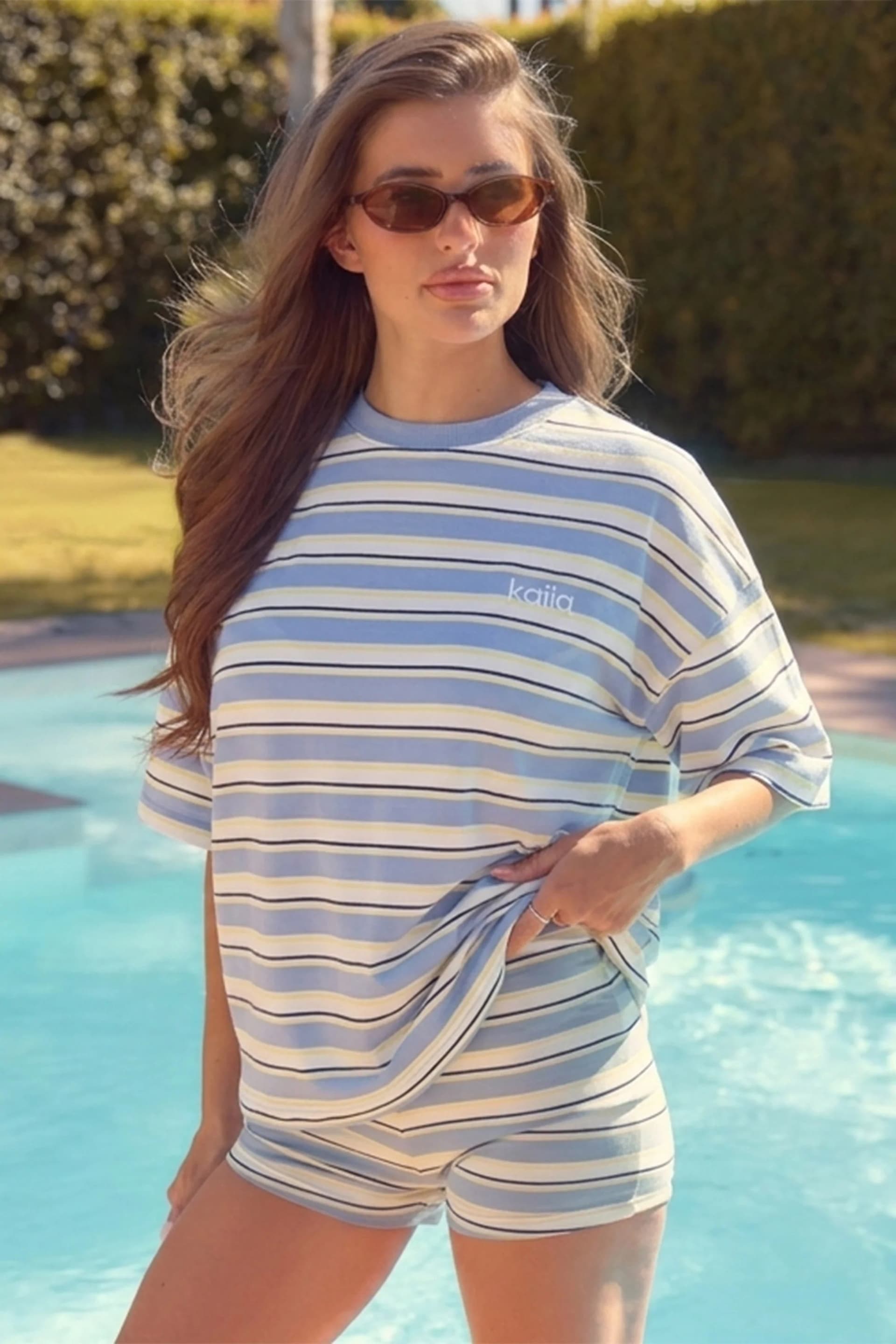 Kaiia Kaiia Striped Oversized T-shirt Soft Blue & Yellow