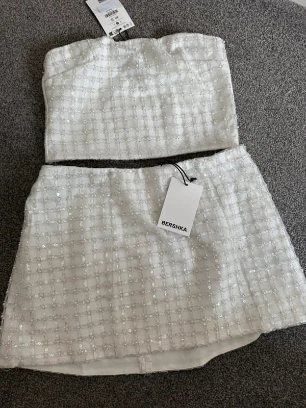 Bershka White embellished sequin skirt & crop top co ord brand new with tags M/L Bershka