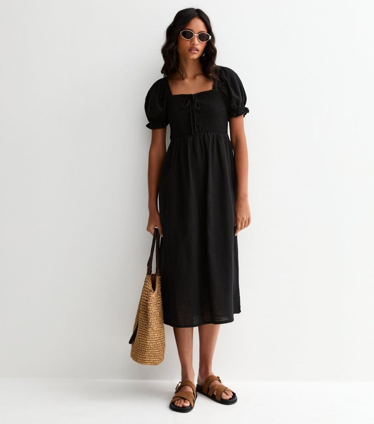 New Look Black Cotton Shirred Short Sleeve Midi Dress