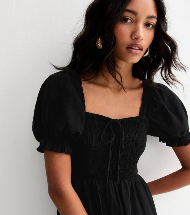 New Look Women's Black Cotton Shirred Short Sleeve Midi Dress New Look - 2