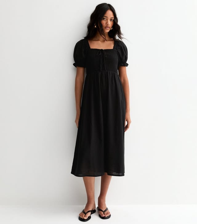 New Look Women's Black Cotton Shirred Short Sleeve Midi Dress New Look - 3