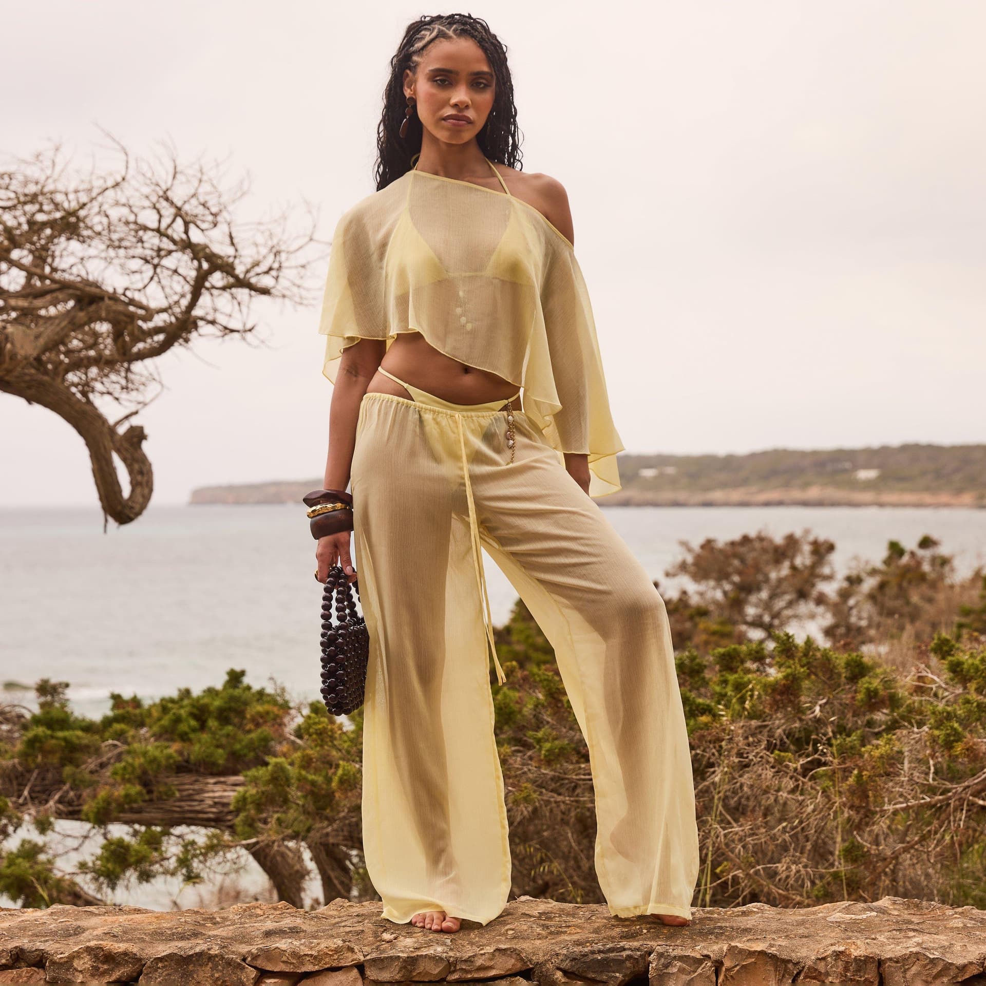 EGO Drawstring Waist Wide Leg Sheer Beach Trousers In Lemon, Women's Size UK 8