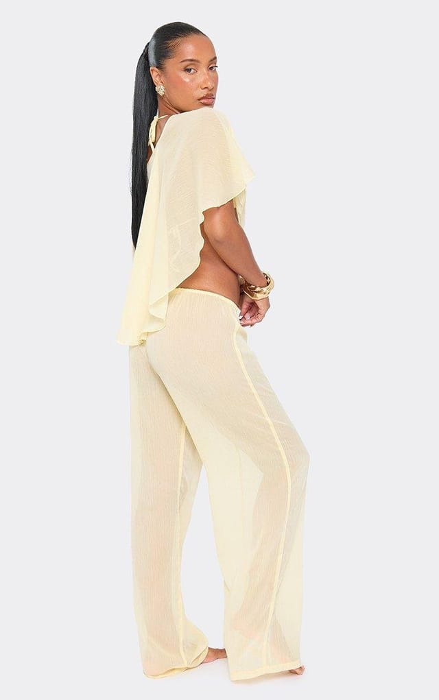 EGO Drawstring Waist Wide Leg Sheer Beach Trousers In Lemon, Women's Size UK 8 - 2