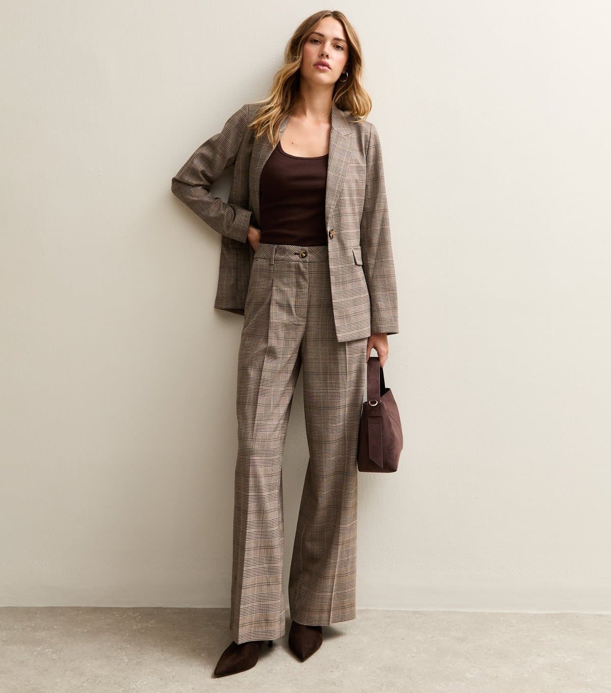 New Look Women's Brown Checked Wide Leg Pleat Front Trousers New Look