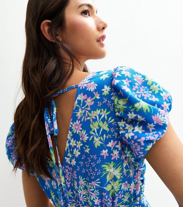 New Look Women's Blue Floral Print Ruched V-Neck Mini Dress New Look - 2