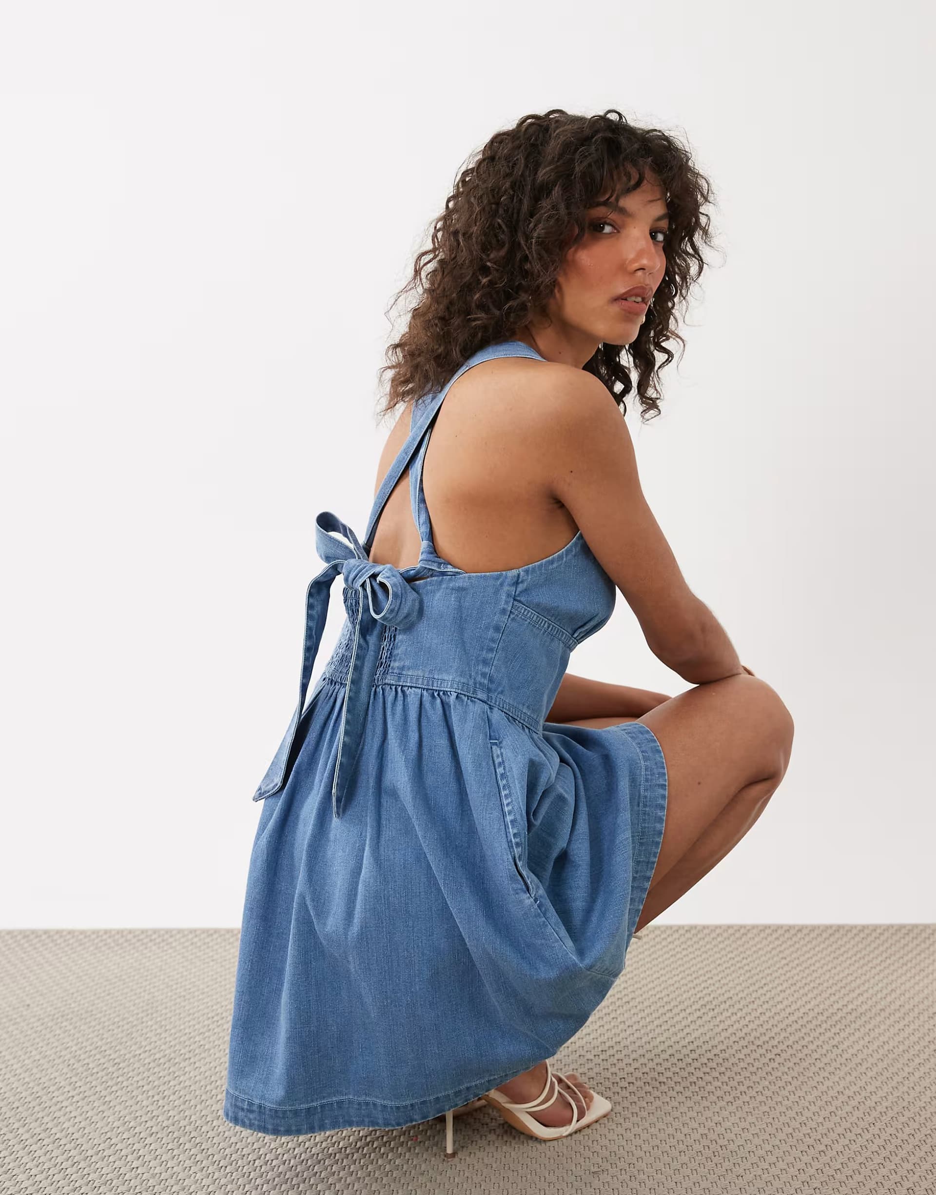 ASOS Nobody's Child Pedro denim square neck cross back mini dress in blue