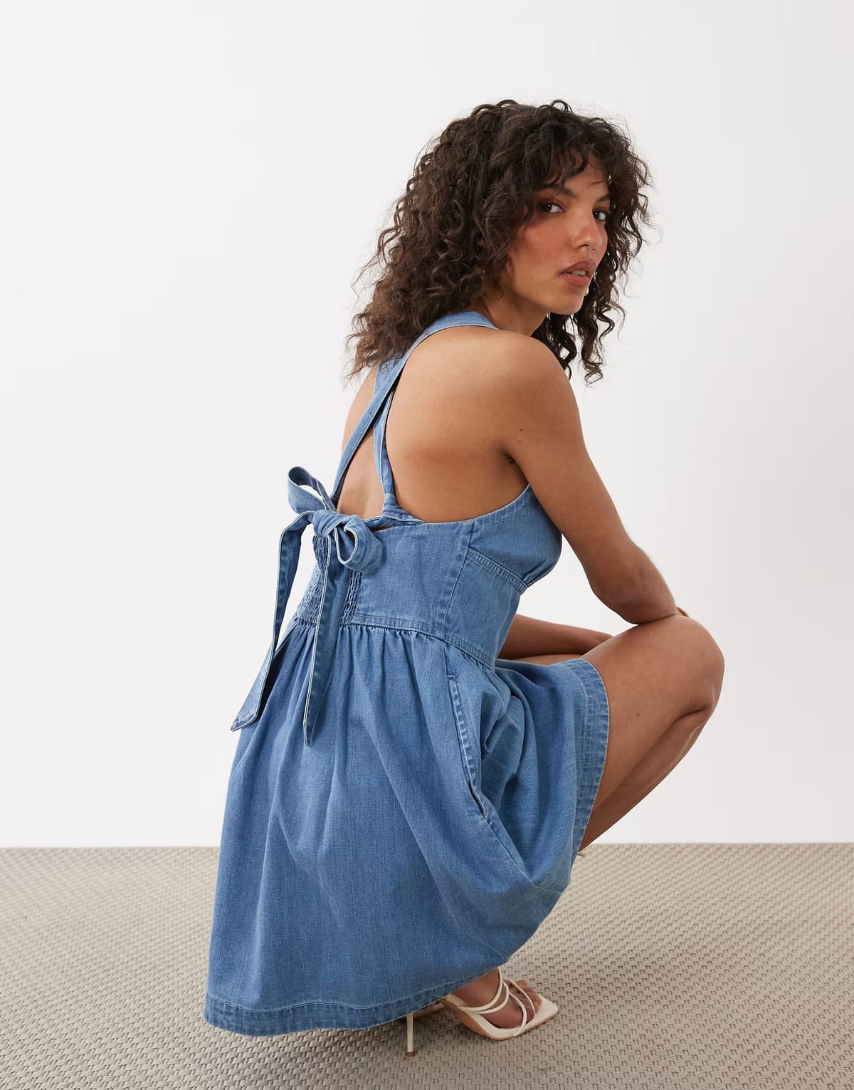 ASOS Nobody's Child Pedro denim square neck cross back mini dress in blue - 1