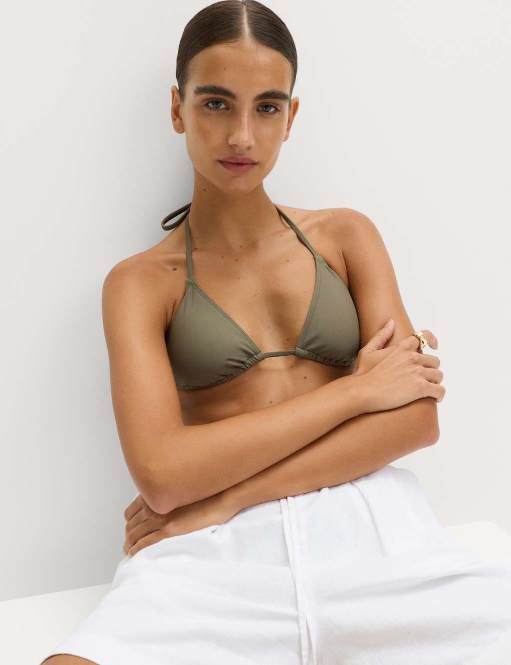 Marks & Spencer M&S Padded Halterneck Triangle Bikini Top Dark Khaki