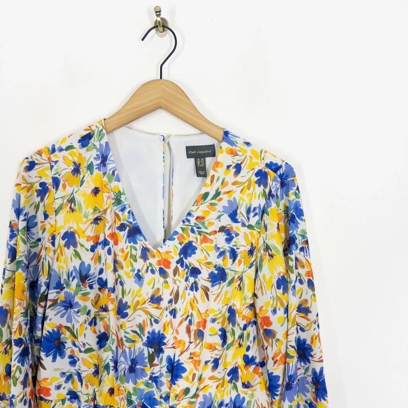 Ruth Langsford Ruth Langsford Floral Midi Dress Size 12 Tall NEW Blouson Sleeve White Multi