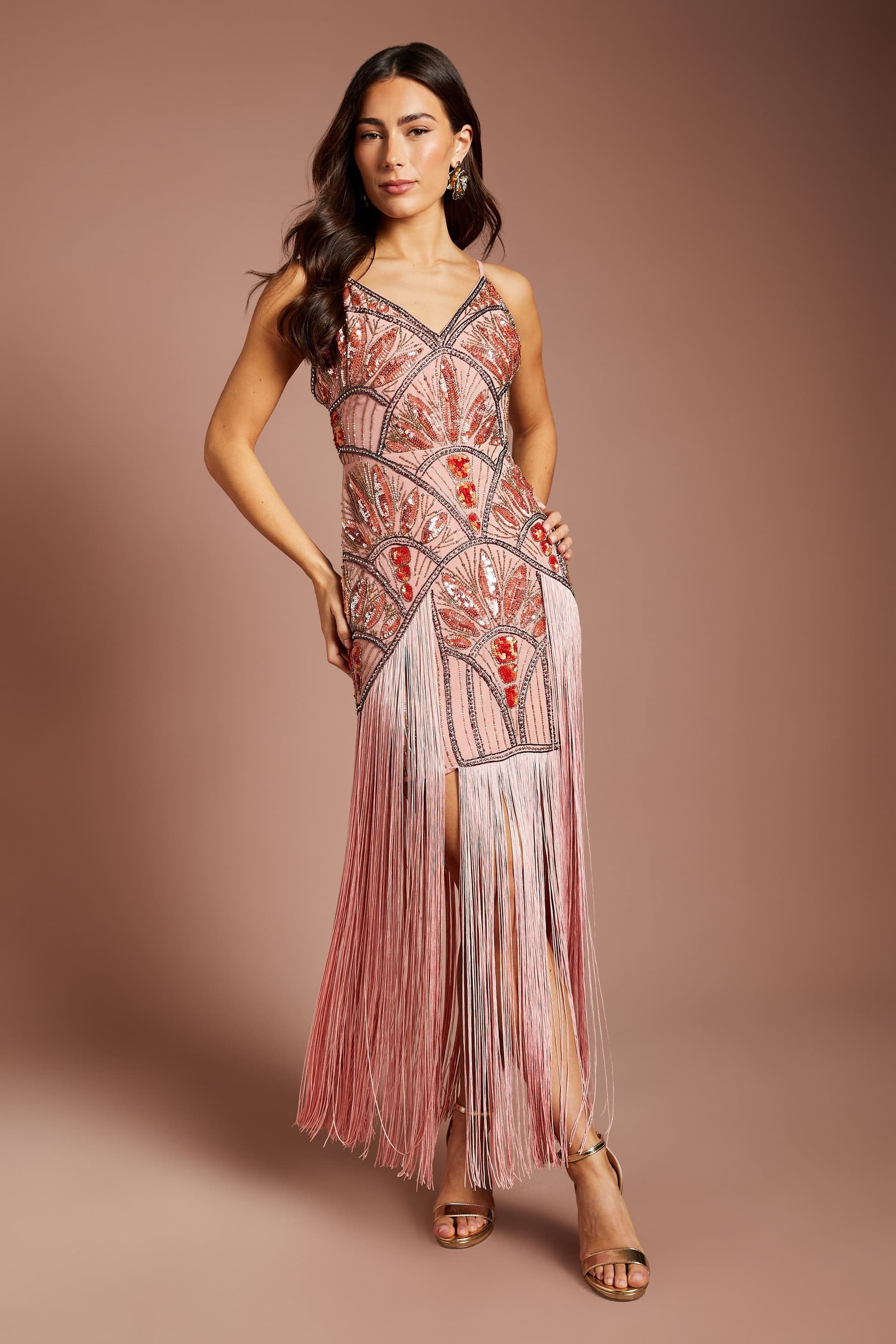 Coast Coast Women's Muse Embellished Fringe Midi Dress in Coral