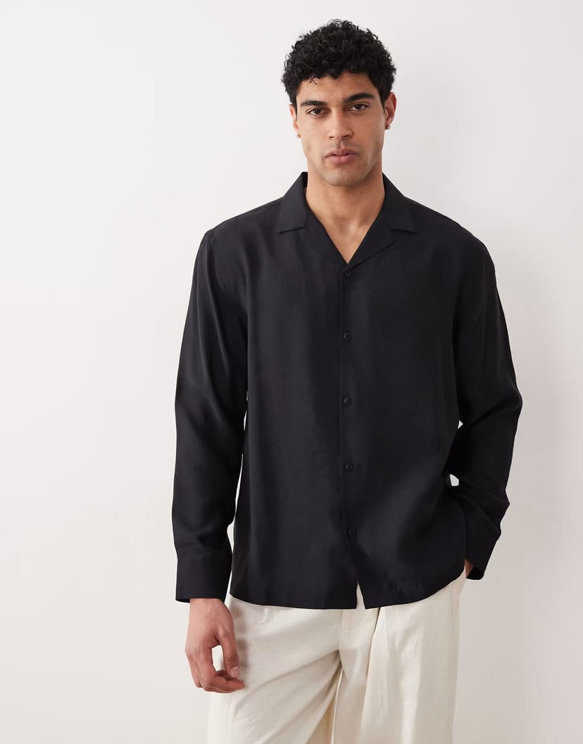 ASOS ASOS DESIGN relaxed deep revere modal shirt in black - 1