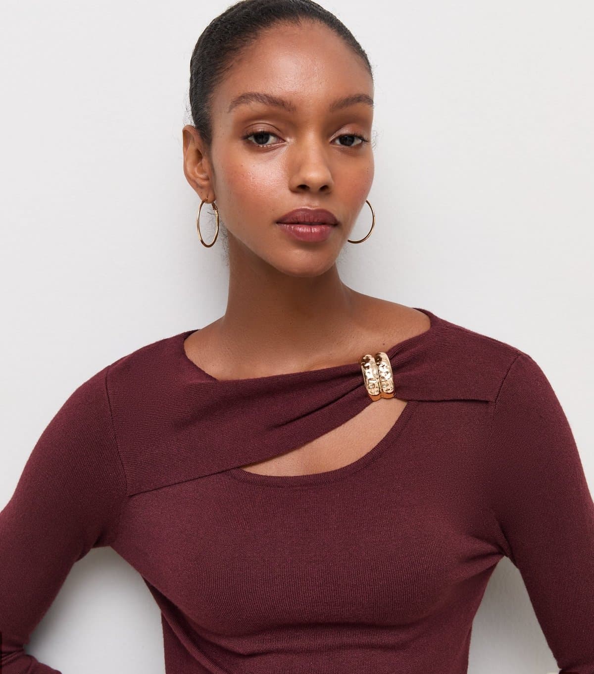 New Look Women's Dark Burgundy Knitted Gold Ring Long Sleeve Top New Look