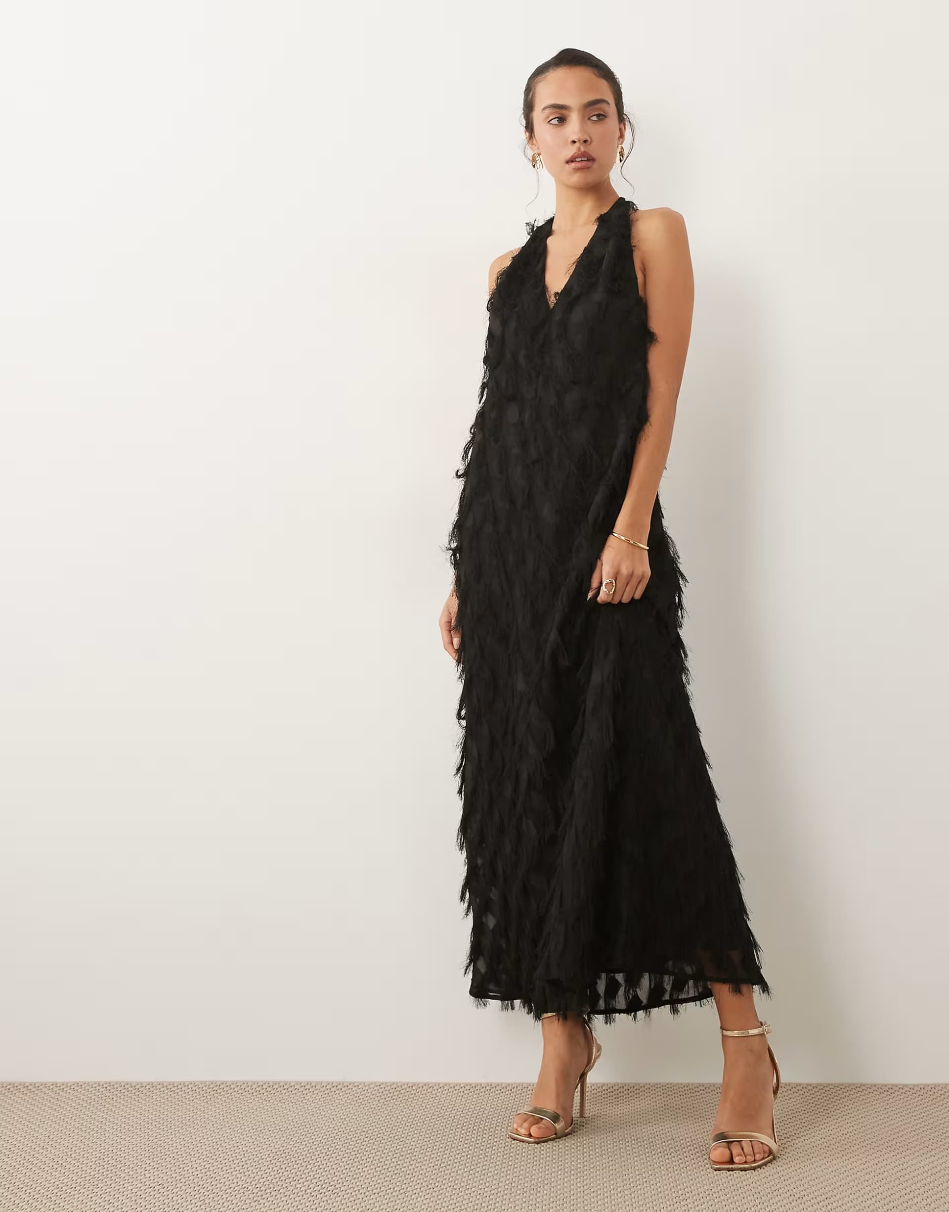 ASOS ASOS DESIGN textured fringe plunge backless halter maxi dress
