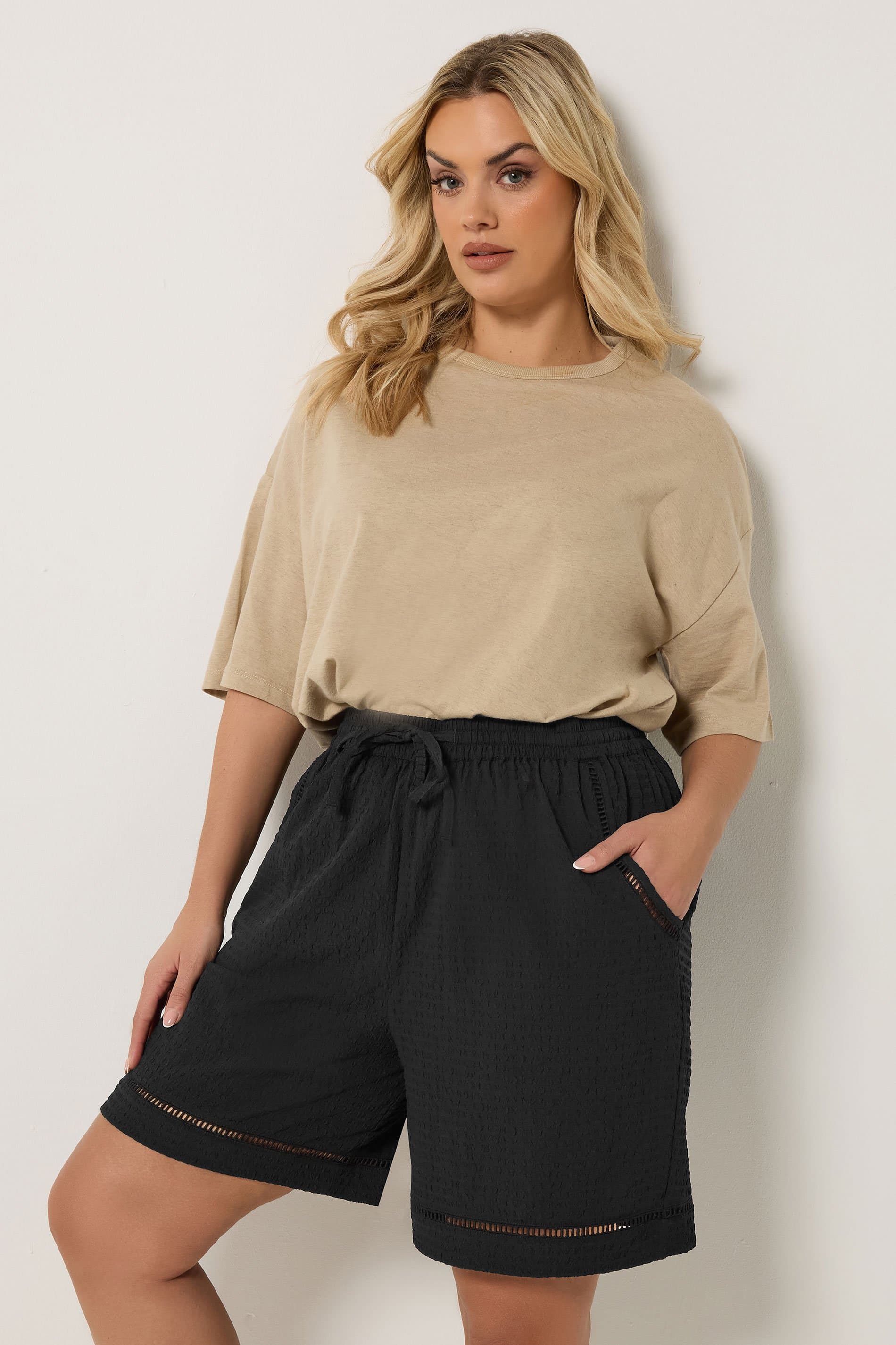 Yours Plus Size Black Ladder Detail Shorts