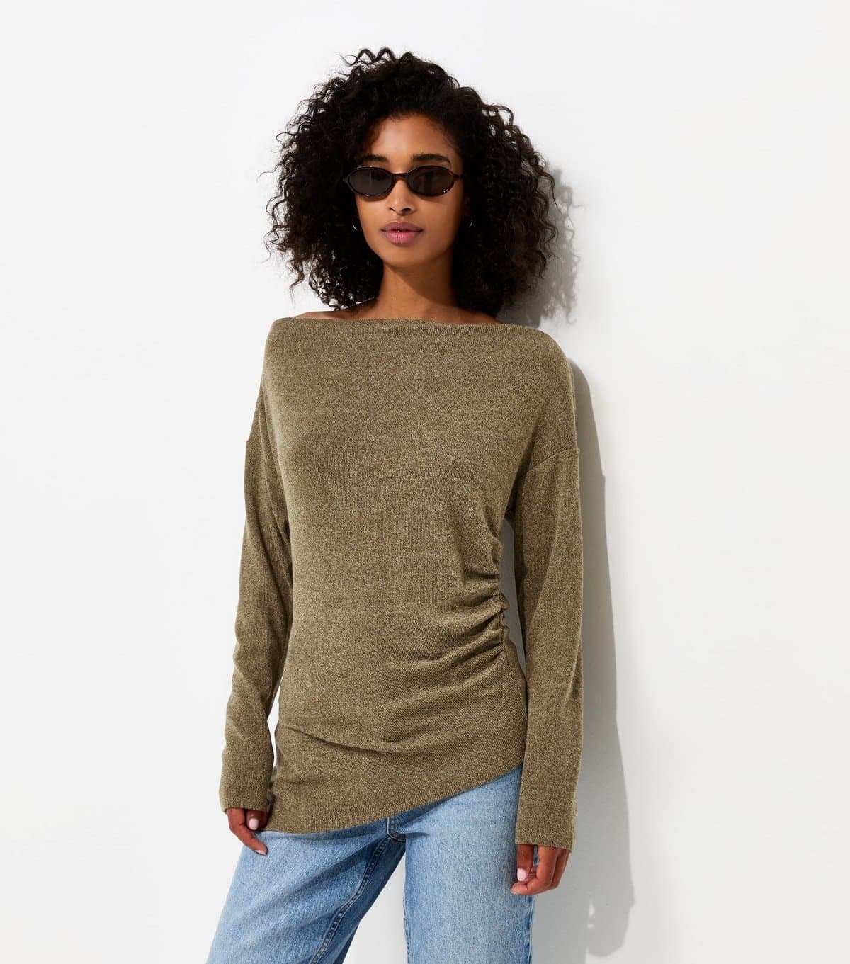 New Look Women's Light Khaki Soft Touch Slash Neck Asymmetric Draped Top New Look