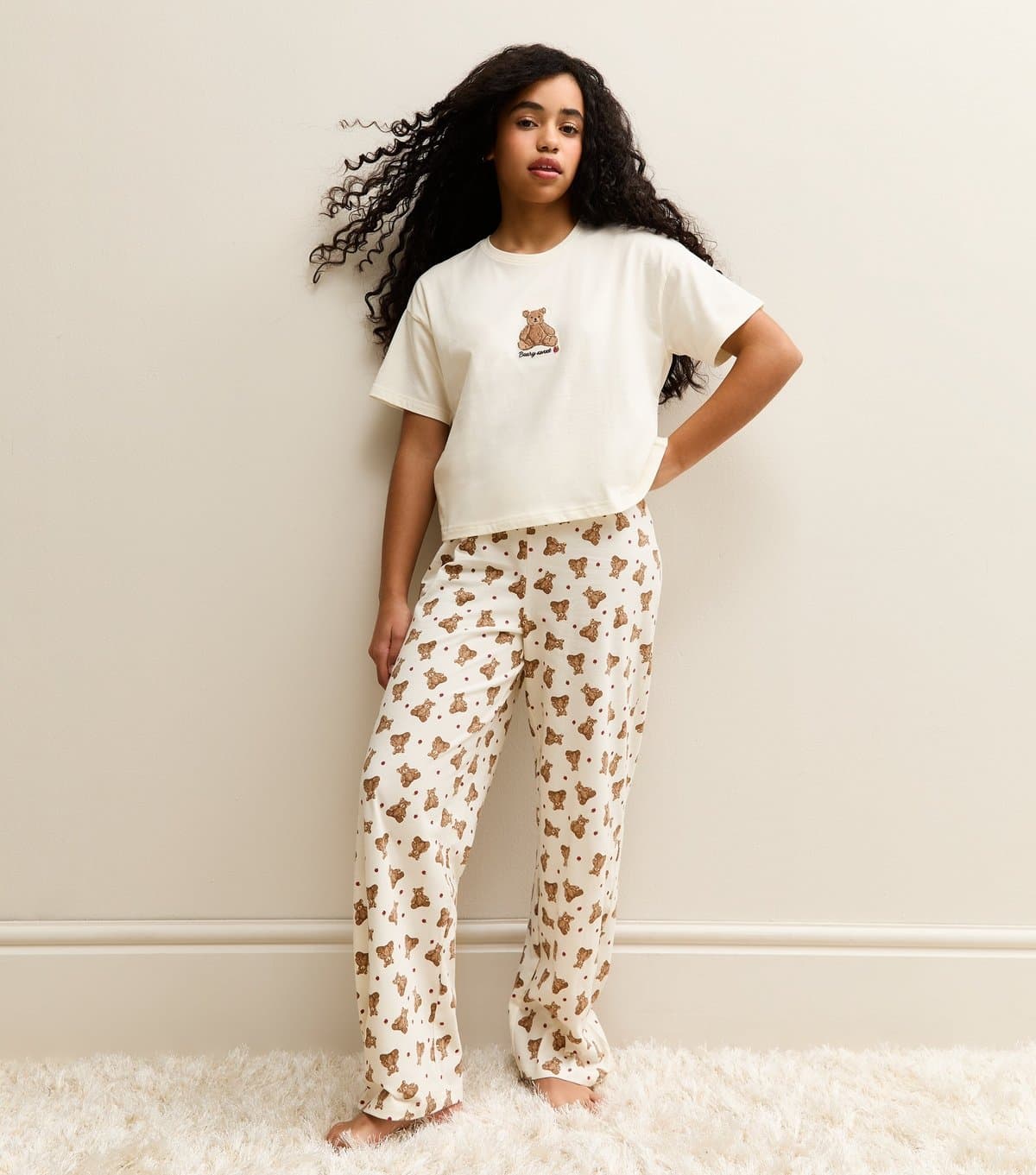 New Look Girls' Cream Teddy Bear T-Shirt and Bottoms Pyjama Set New Look