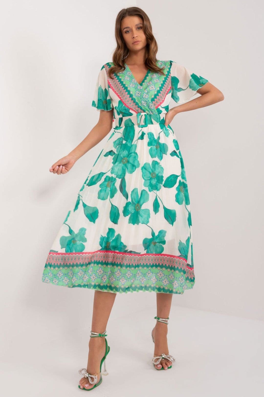 Love Lace Green Frill Sleeve Belted Pleated Dress