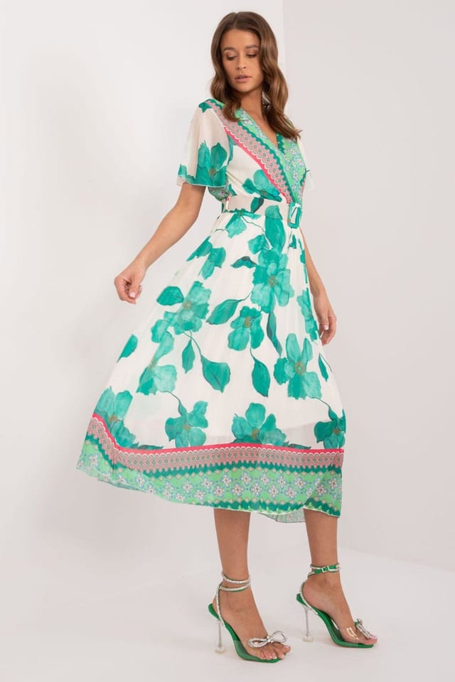 Love Lace Love Lace Women's Summer Frill Sleeve Belted Pleated Dress in Green - 2