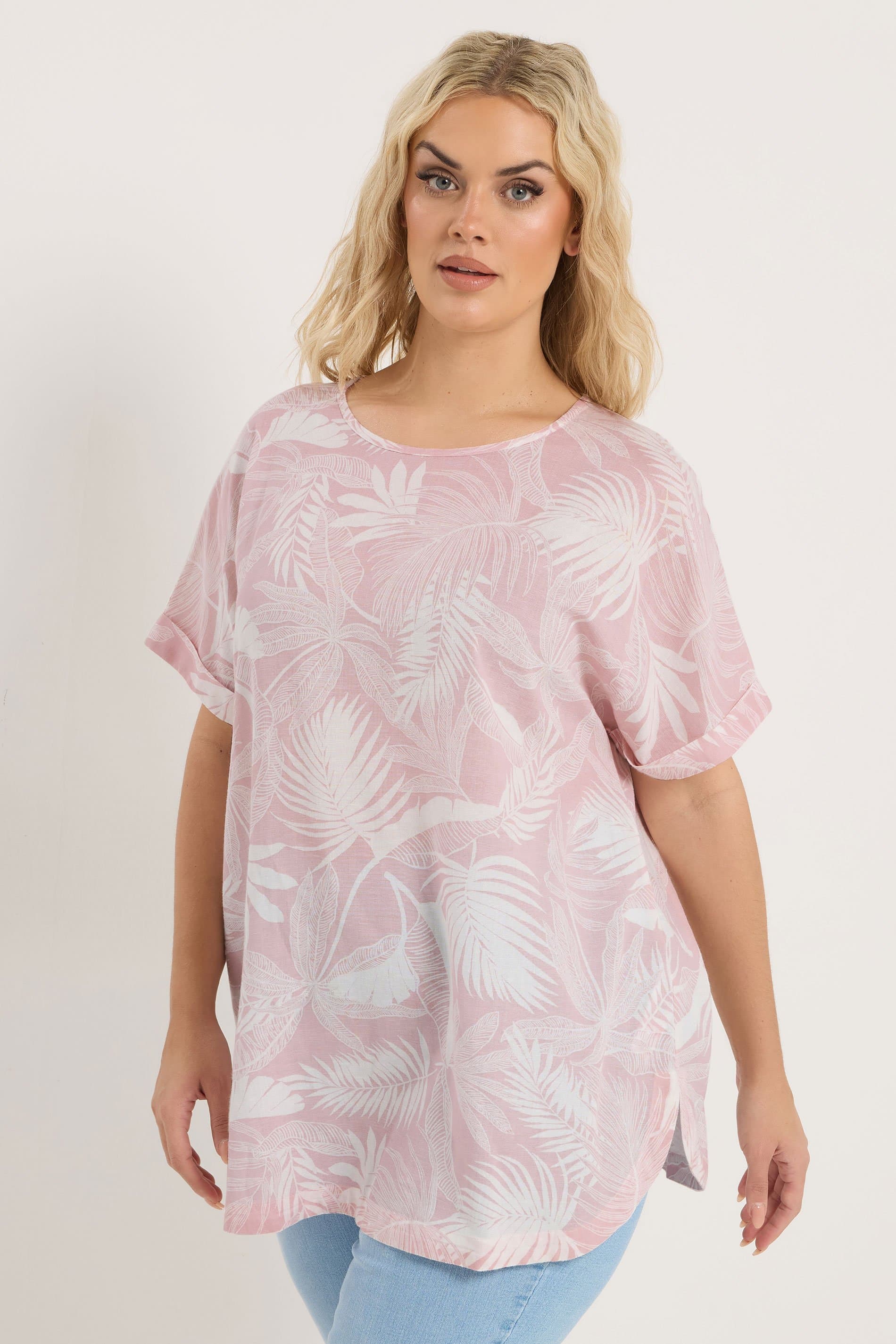 Yours Plus Size Pink Palm Leaf Linen Boxy Tshirt