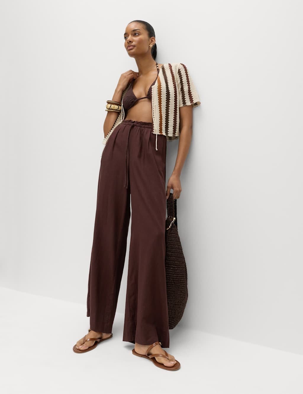 Marks & Spencer M&S Linen Rich Drawstring Wide Leg Trousers Brown - 1