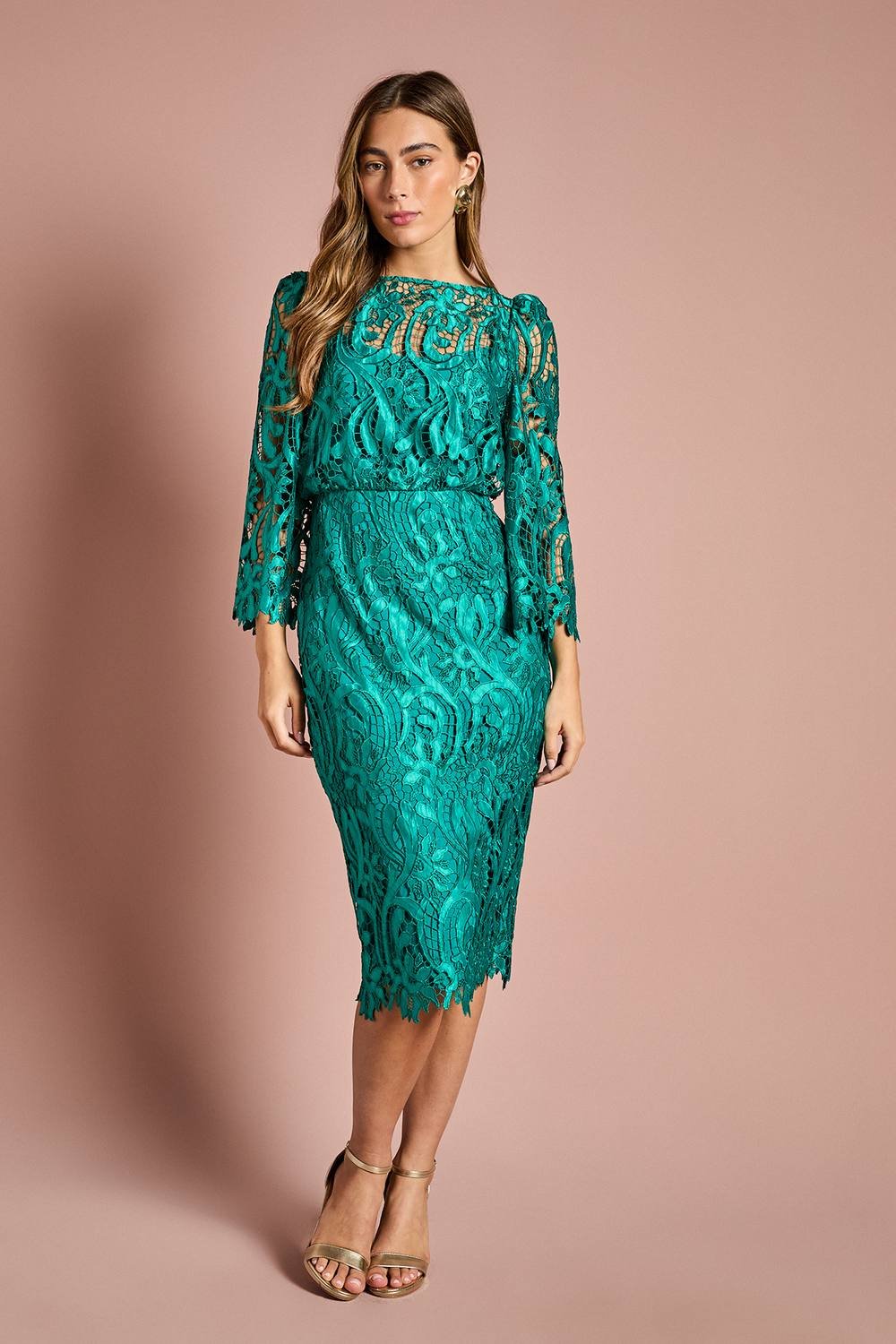 Coast Coast Women's Satin Lace Boat Neck Midi Dress With Fluted Sleeve in Emerald - 2