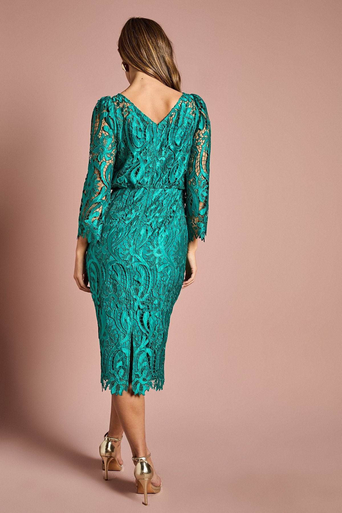 Coast Coast Women's Satin Lace Boat Neck Midi Dress With Fluted Sleeve in Emerald - 3