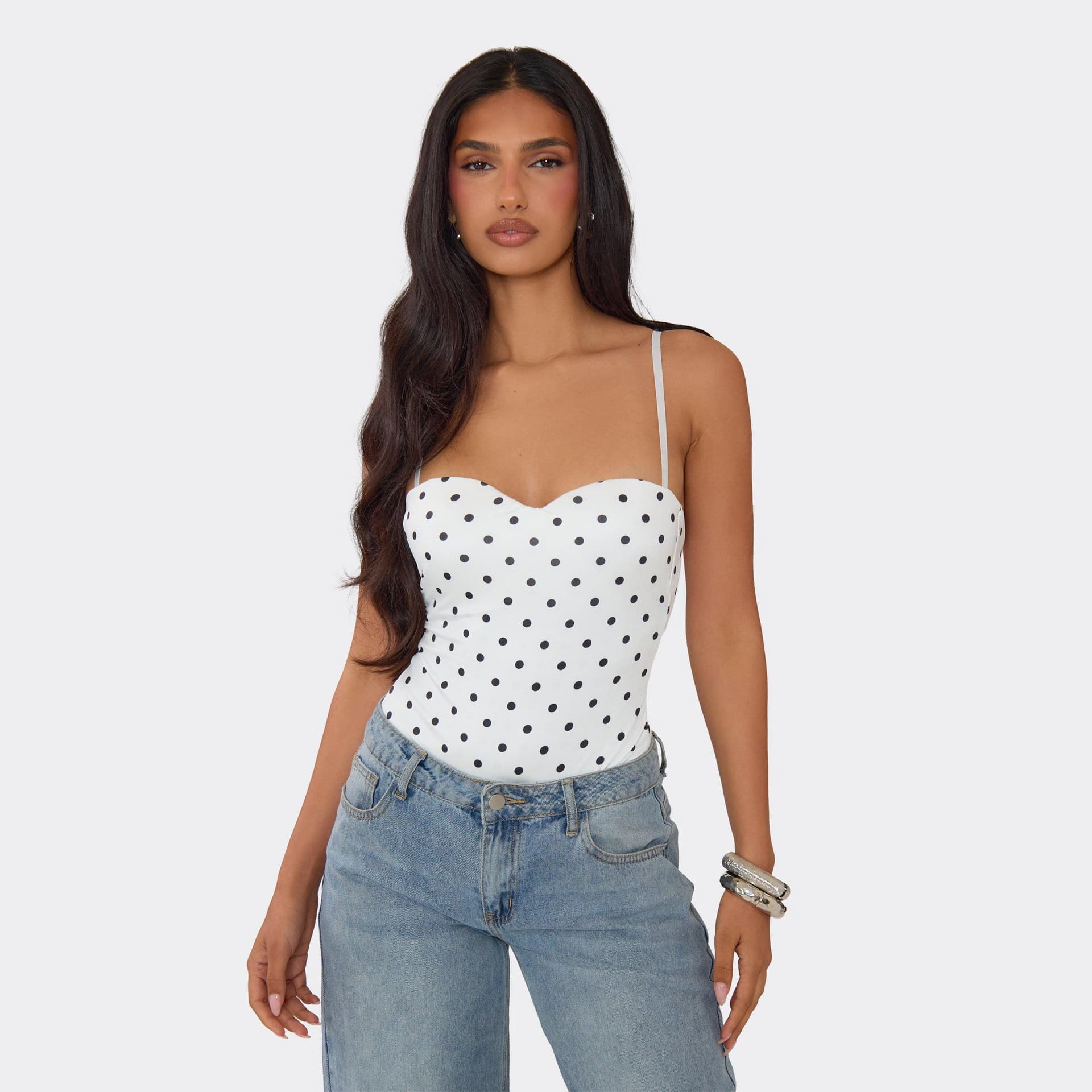 EGO Sweetheart Neck Strappy Bodysuit In White Polka Dot, Women's Size UK 4