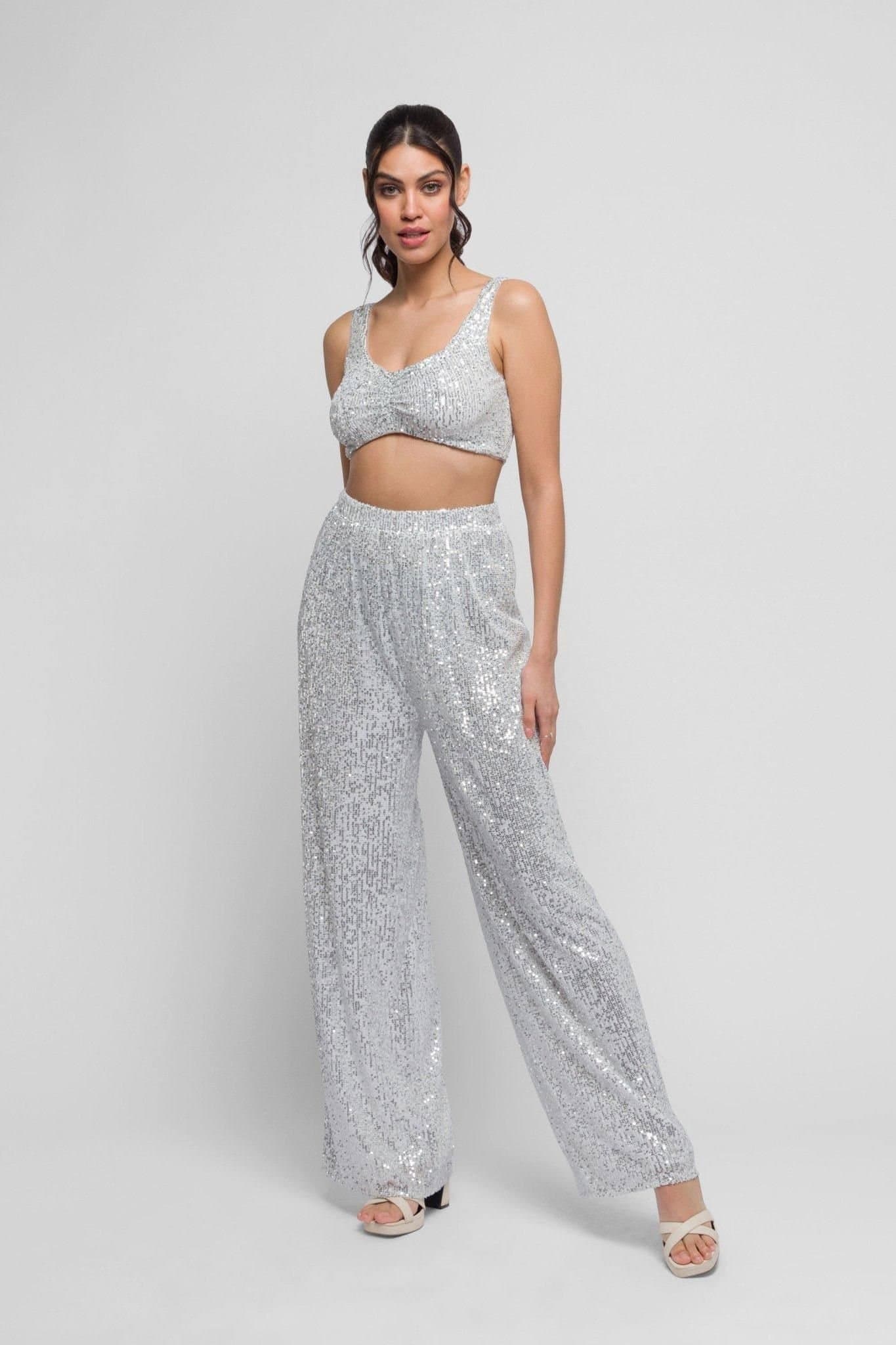 Jaded Rose Jaded Rose Silver Sequin Palazzo Pants for Women