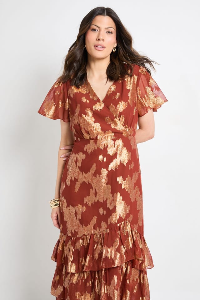 Wallis Wallis Women's Metallic Ruffle Hem Midi Dress in Rust - 2