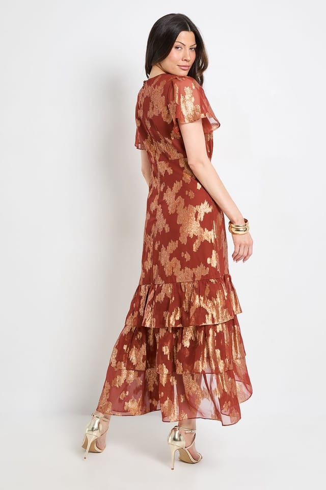 Wallis Wallis Women's Metallic Ruffle Hem Midi Dress in Rust - 3